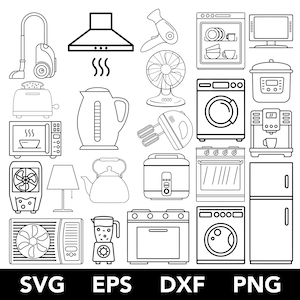 Könnte beinhalten: Eine Schwarzweiß-Zeichnung verschiedener Haushaltsgeräte, darunter ein Staubsauger, ein Toaster, eine Mikrowelle, eine Kaffeemaschine, ein Wasserkocher, ein Mixer, ein Ventilator, eine Lampe, eine Waschmaschine, ein Trockner, ein Backofen, ein Kühlschrank und mehr.