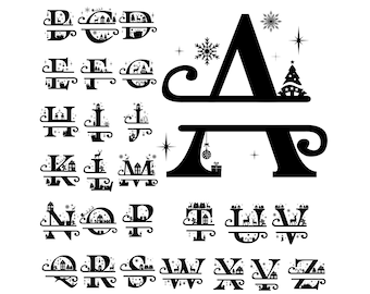 May include: Black and white split monogram font with a Christmas theme. The letters are split in half with a Christmas tree, snowflake, or other Christmas design in the middle. The letters A through Z are shown.