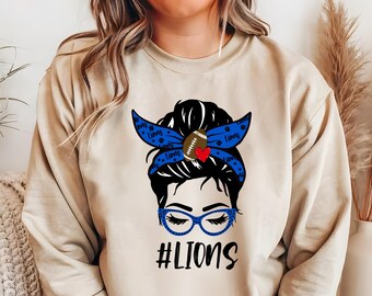 Lions PNG Download, Lions Messy Bun Digital Art, Lions Mascot Download, Lions Mom, Blue Lions School Spirit Design, Sublimation, SVG, Gifts