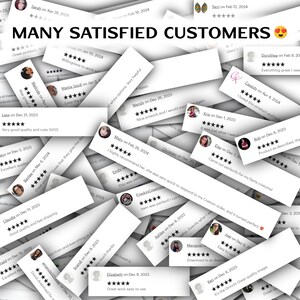 May include: Image of customer reviews with the text "MANY SATISFIED CUSTOMERS." The reviews are on white cards with star ratings and customer comments. The background is a mix of overlapping cards.
