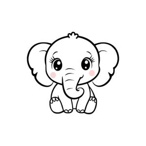 May include: A black and white cartoon illustration of a baby elephant. The elephant has large eyes with eyelashes, pink cheeks, and a curled trunk. The elephant is sitting with its legs tucked under its body.