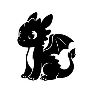 May include: A black and white illustration of a cartoon dragon in a sitting position. The dragon has large eyes, a small snout, and a pair of wings. The dragon's tail is curled, and it has four legs with claws.