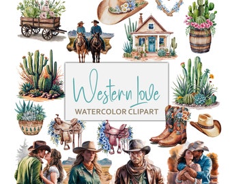 18 Watercolor Texas Horse Ranch Clipart Bundle, Western Cowboy, Cowgirl, Instant Download, Commercial Use Gifts