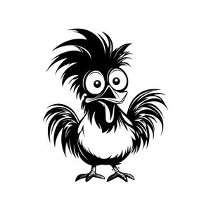 May include: A black and white cartoon illustration of a rooster with a large, bushy comb and a surprised expression.