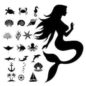 May include: Black silhouette of a mermaid with flowing hair, surrounded by various sea creatures and nautical elements. Includes a turtle, crab, seahorse, shells, coral, starfish, fish, octopus, sharks, dolphin, anchor, and sailboat.