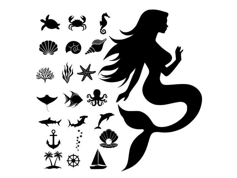 May include: Black silhouette of a mermaid with flowing hair, surrounded by various sea creatures and nautical elements. Includes a turtle, crab, seahorse, shells, coral, starfish, fish, octopus, sharks, dolphin, anchor, and sailboat.