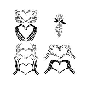 May include: Five black and white illustrations of skeletal hands forming heart shapes. One illustration shows a skeletal hand holding a single rose.