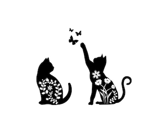 Floral Cat SVG Bundle | Cat and Flower Svg Files Vector Art PNG DXF Eps Pdf for Cat Moms Dads | Cat And Butterflies Digital Download