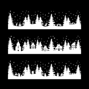 Peut inclure: Trois images en silhouette noire et blanche d'une scène d'hiver avec des arbres enneigés, des maisons et des cerfs. L'image du haut montre une forêt avec des cerfs marchant dans la neige. L'image du milieu montre un village avec des maisons et une église. L'image du bas montre une forêt avec un bonhomme de neige et un cerf.