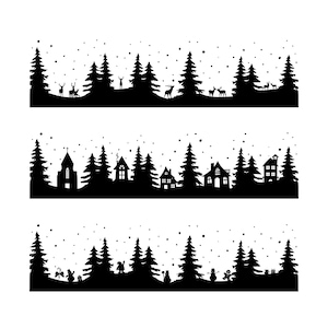 May include: Three black and white silhouette images of winter scenes. The top image shows a snowy forest with deer. The middle image shows a snowy village with houses and a church. The bottom image shows a snowy forest with a snowman.