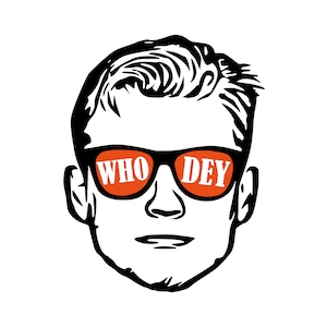 May include: Black and white line drawing of a person wearing sunglasses with the words "WHO DEY" in white letters on an orange background.