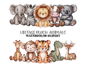 Watercolor Vintage Plush Animals Clipart Bundle, Nursery Animal Clip Art, Baby Shower Party Invite PNG, Baby Animal Decor Scrapbooking