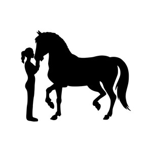 May include: A black silhouette of a person petting a horse. The person is standing on the left side of the image and the horse is on the right side of the image.