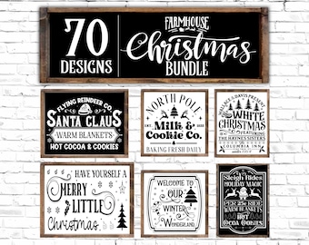 Op de afbeelding: Een set van 70 farmhouse kerstbordontwerpen. De borden bevatten zwart-witte tekst en afbeeldingen met verschillende kerstthema's, waaronder Sinterklaas, melk en koekjes en winterwonderland.