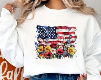 American Flag Floral PNG, Patriotic Wildflower USA Sublimation Design, Boho 4th Of July Shirt Graphic, Poppy And Daisy Flag Digital Download