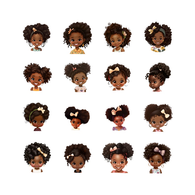 May include: A digital illustration of 16 different black girls with brown eyes and various hairstyles. Each girl is wearing a different outfit and has a bow in her hair.