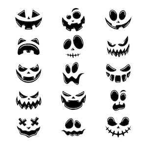 Puede incluir: Un conjunto de 12 ilustraciones de caras de calabaza de Halloween en blanco y negro. Las caras son diversas expresiones, incluyendo feliz, triste, enojado y sorprendido.