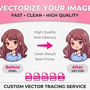 May include: An advertisement for a custom vector tracing service. The image shows a before-and-after comparison of a cartoon illustration, with text indicating fast, clean, and high-quality results. File format icons are also displayed.