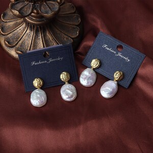 Vintage Court Natural Freshwater Pearl Earrings Baroque Oval Button S925 Full Body Sterling Silver Plated Matte Gold