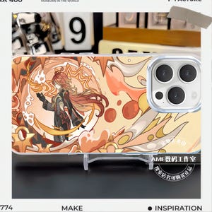 May include: Clear phone case featuring a character illustration with a red and black outfit, set against a warm-toned background with star and cloud motifs. The case has a clear border and a camera cutout.