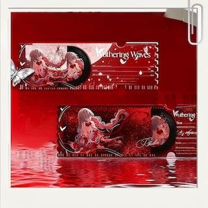 Op de afbeelding: Twee rood gethematiseerde decoratieve kaarten met anime-stijl illustraties en de tekst "Wuthering Waves". De kaarten hebben een cirkelvormig designelement en een vlindergrafiek. De achtergrond is levendig rood.