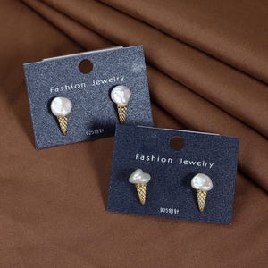 Sweet French Girl Ice Cream Stud Earrings Natural Freshwater Pearl Baroque Earrings S925 Full Body Sterling Silver Plated