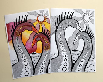 Black Swan Digital Coloring Page. Instant download. Printable. Totem animal