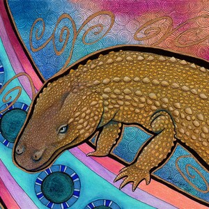 May include: A detailed illustration of a lizard with a golden brown body and a textured, scaly skin. The lizard is depicted on a colourful background with swirling patterns in shades of blue, pink, and purple.
