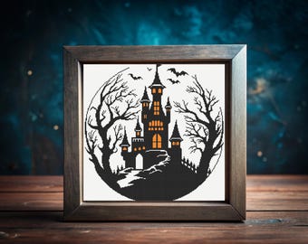 Cross Stitch Pattern  Spooky  Castle, Halloween Haunted House  Cross Stitch Chart, İnstant Download PDF