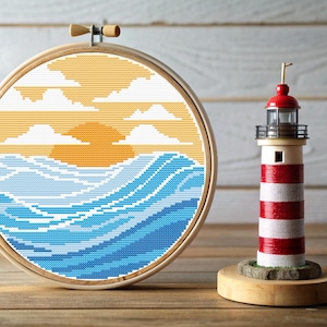 Sunset On The Ocean Cross Stitch Pattern, Modern & Abstract Cross Stitch Chart, İnstant Download PDF