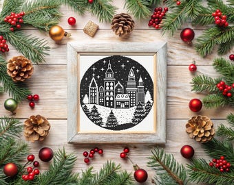 Kerststad kruissteekpatroon, moderne eenvoudige kersthuizen sampler, pdf direct downloaden