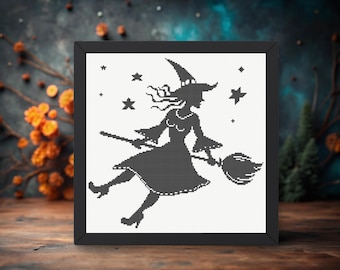 Witch On Broom Cross Stitch Pattern,Halloween Embroidery,Easy  Cross Stitch  Chart,Instant Download PDF