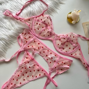Cutie Pie Lingerie Strapless 2 piece pink heart lace transparent sleepwear pajamas