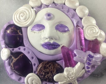 Purple, White Dragonfly Goddess Pendant / Medallion / Talisman made with Three Dark Purple Gemstones and Three Purple Quartz Crystal Points