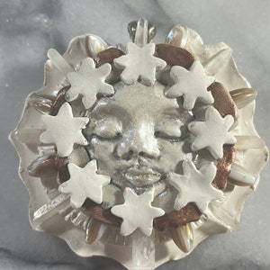 White and Tan Brown Galaxy, Universe, Stars, Moon, Moon Ray Goddess Pendant / Medallion / Talisman with Shells and Clear Quartz Crystals