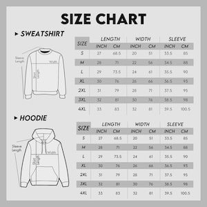 May include: A size chart for sweatshirts and hoodies featuring black line drawings of each garment with labels for length, width, and sleeve length. The table provides measurements in both inches and centimeters for sizes S through 4XL, clearly detailing the dimensions for each specific garment type.