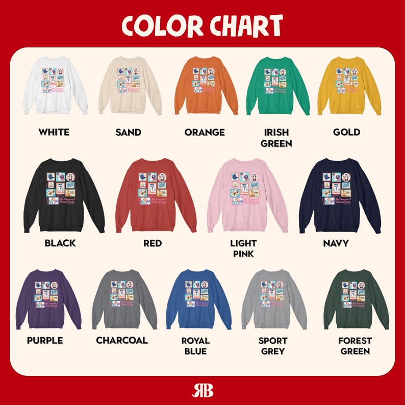 May include: A color chart showcasing a variety of sweatshirts in different colors. The sweatshirts are displayed in white, sand, orange, Irish green, gold, black, red, light pink, navy, purple, charcoal, royal blue, sport grey, and forest green. The text "COLOR CHART" is at the top.