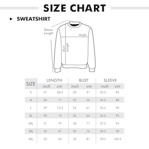 Puede incluir: Tabla de tallas para sudaderas, con medidas en pulgadas y cent&iacute;metros. La tabla incluye medidas de largo, busto y manga para tallas S a 4XL. Un diagrama ilustra los puntos de medici&oacute;n.