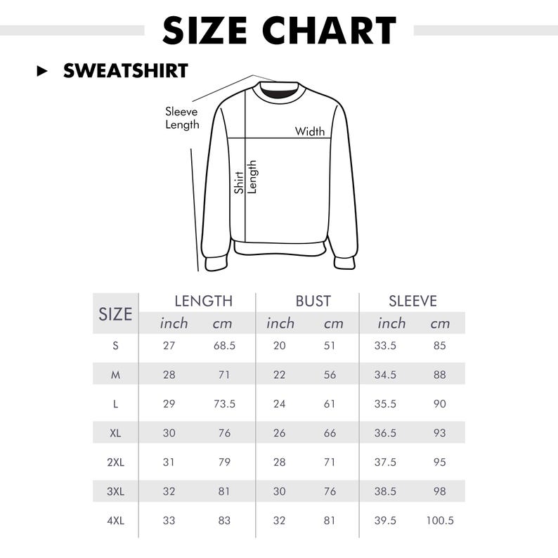 Puede incluir: Tabla de tallas para sudaderas, con medidas en pulgadas y cent&iacute;metros. La tabla incluye medidas de largo, busto y manga para tallas S a 4XL. Un diagrama ilustra los puntos de medici&oacute;n.