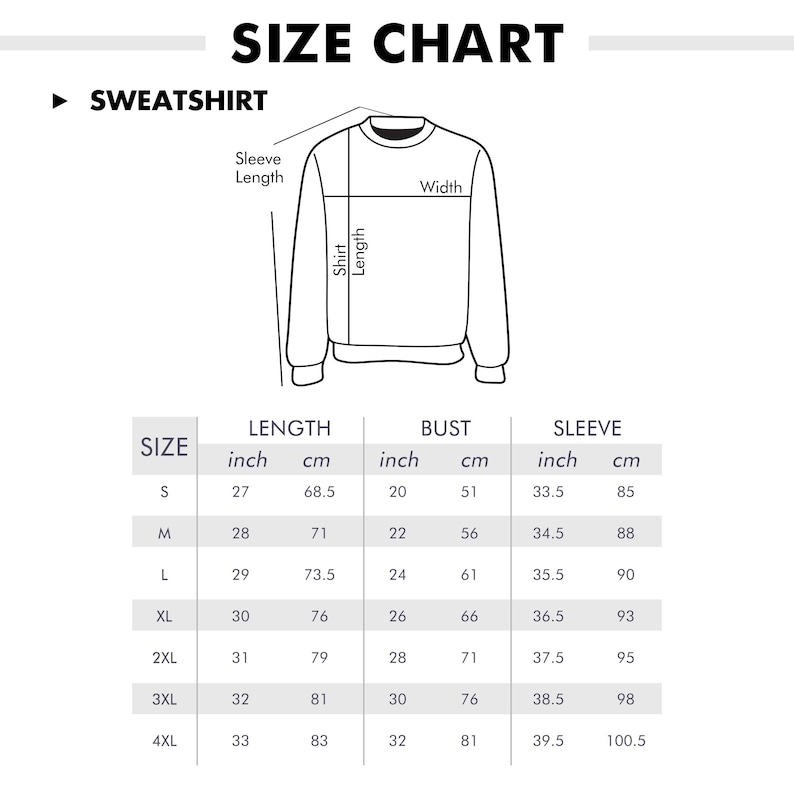 Puede incluir: Tabla de tallas para sudaderas, con medidas en pulgadas y cent&iacute;metros. La tabla incluye tallas de la S a la 4XL, detallando medidas de largo, busto y manga. Un diagrama ilustra los puntos de medici&oacute;n.