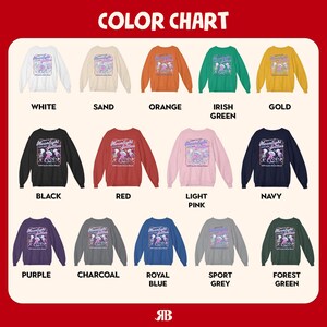 Puede incluir: Una carta de colores muestra varias sudaderas de cuello redondo en m&uacute;ltiples colores, incluyendo blanco, negro, rojo y azul marino. Cada sudadera presenta un gr&aacute;fico con el texto "Moonlight Jellies" y un dise&ntilde;o de medusas. La carta tambi&eacute;n incluye colores como naranja, verde y dorado.