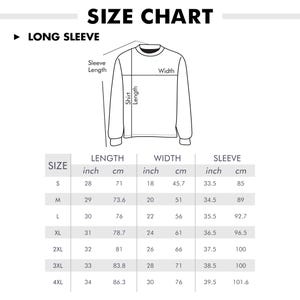 May include: Size chart for long-sleeve shirts with measurements in inches and centimeters. The chart shows sizes S through 4XL with corresponding measurements for length, width, and sleeve length.
