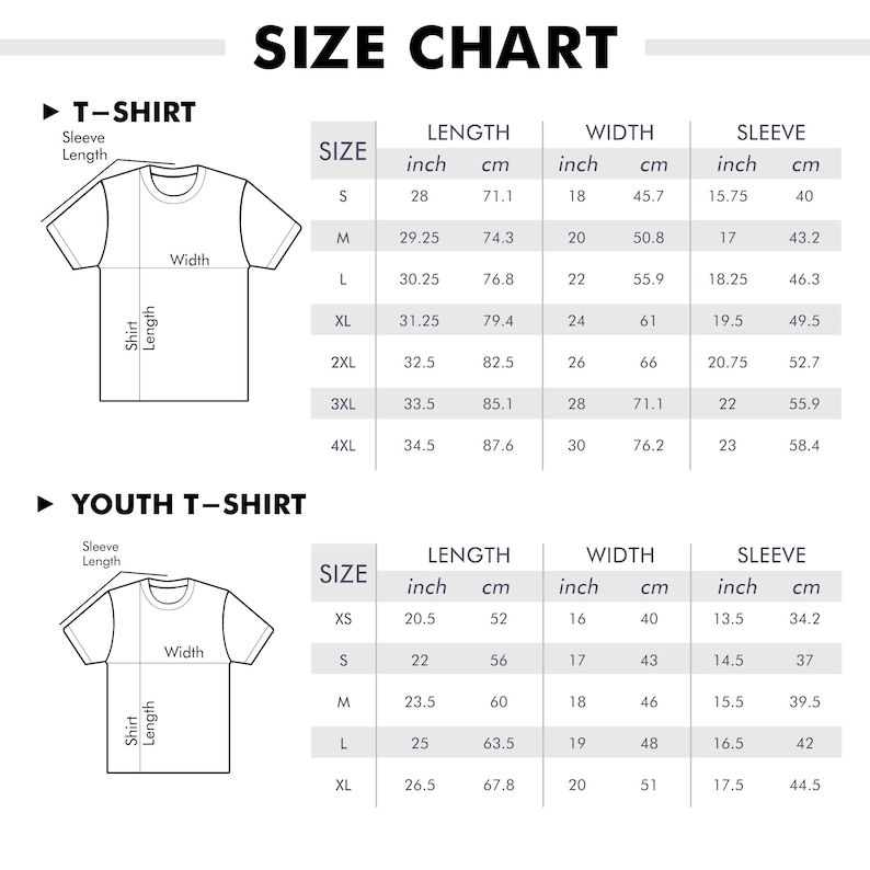 Puede incluir: Una tabla de tallas para camisetas y camisetas juveniles, que muestra medidas en pulgadas y cent&iacute;metros. La tabla incluye tallas, largos, anchos y largos de manga para varias tallas, de XS a 4XL.