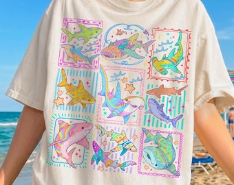 Shark Tropical Ocean Stamps TShirt, Vintage Shark Species Shirt, Coastal Beach Summer Tee, Shark Lover Gift, Aquarium Gift