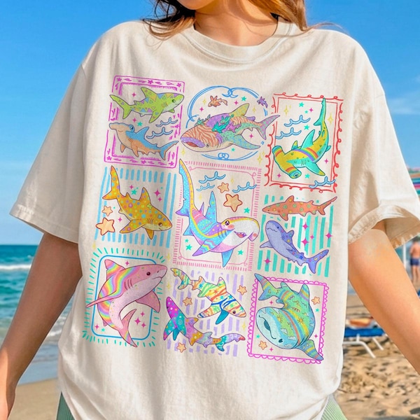 Shark Tropical Ocean Stamps TShirt, Vintage Shark Species Shirt, Coastal Beach Summer Tee, Shark Lover Gift, Aquarium Gift