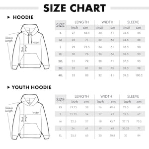 May include: Size chart for hoodies, showing measurements in inches and centimeters for both adult and youth sizes. The chart includes length, width, and sleeve measurements for each size.