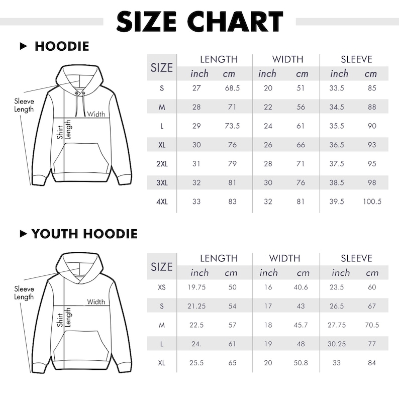 May include: Size chart for hoodies, showing measurements in inches and centimeters for both adult and youth sizes. The chart includes length, width, and sleeve measurements for each size.