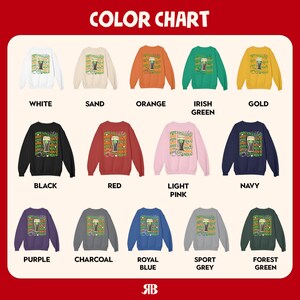 Puede incluir: Una carta de colores muestra varias sudaderas de cuello redondo en m&uacute;ltiples colores, incluyendo blanco, negro y naranja. Cada sudadera presenta un gr&aacute;fico de una pinta de cerveza con texto. La carta incluye nombres de colores como "Verde irland&eacute;s" y "Azul real."
