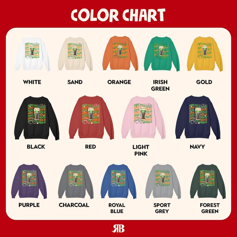 Puede incluir: Una carta de colores muestra varias sudaderas de cuello redondo en m&uacute;ltiples colores, incluyendo blanco, negro y naranja. Cada sudadera presenta un gr&aacute;fico de una pinta de cerveza con texto. La carta incluye nombres de colores como "Verde irland&eacute;s" y "Azul real."