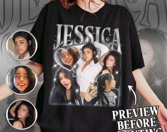May include: Black t-shirt with a silver graphic of the name "JESSICA" and multiple images of people. The text "PREVIEW BEFORE PRINTING" is in the bottom right corner.